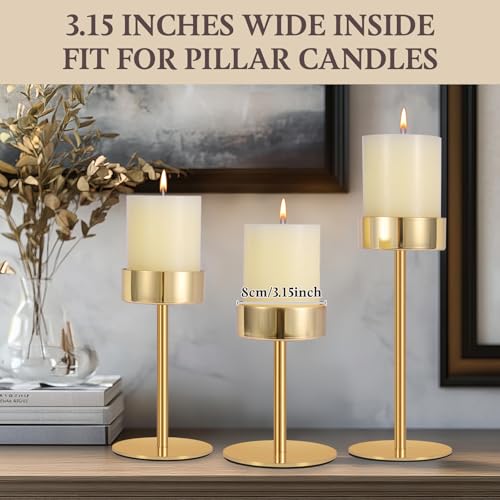 Pillar Candle Holders Set of 3, 3.15" Diameter Gold Candlestick Holder | for Pillar & Flameless Candles. Metal Ideal decoration for Table,Fireplace,Living,Dining Room,Perfect for Wedding,House Gift