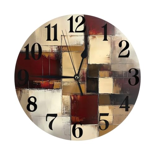 Beige and Burgundy Abstract Blocks Clock for Living Room Wall Clock Round Kitchen Non-Ticking Silent Battery Operated Quartz Atomic Analog Clocks Decorative Bedroom Home 10 Inch - color: Beige Wine