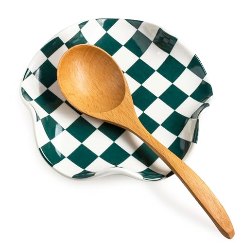 Miamolo Checkered Spoon Rest for Stove Top, Spoon Holder Keeps Area Cleaner | 5.3" Fits Cooking Ladles & Spatulas | Ceramic Heat-Resistant, Dishwasher Safe | Range, Kitchen Counter Use, Housewarming Gift - color: Green-White