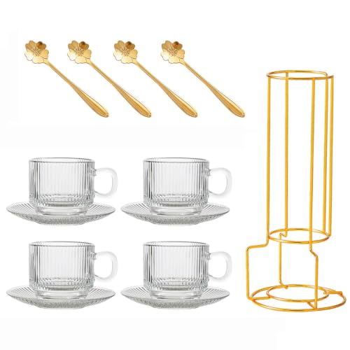 Glass Turkish Teacup and Saucer Set of 4 with Metal Stand, 5.4OZ/ 160ML Stackable Coffee Mug with Spoon for Tea Espresso Juice Cappuccino and Latte, Stripe - color: Stripes