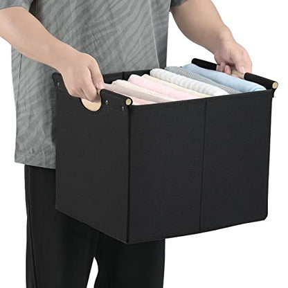 HOONEX Large Collapsible Storage Bins, Linen Fabric, Pack of 2, Storage Baskets with Wooden Carry Handles and Sturdy Heavy Cardboard, for Home, Office, Car, Nursery, Black - color: Black