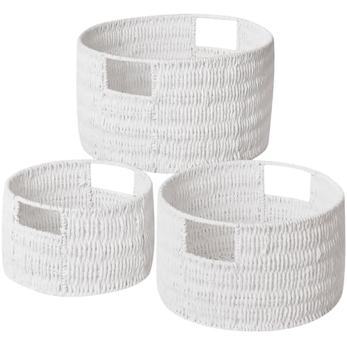 Wicker Storage Basket, Hand-Woven Paper Rope Large Round Woven Basket With Handles, Wicker Baskets for Organizing/Storage, White, 3-Pack - color: Round Paper Rope(White)