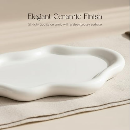 Cloud Ceramic Tray, Glossy White Irregular Jewelry Dish, Luxury Ceramic Ring Holder and Vanity Organizer, Cloud Trinket Plate for Keys, Perfume, or Nightstand Decor