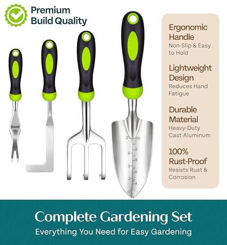 Heavy Duty Gardening Tools - Gardening Gifts for Women, Men, Mom, Dad - Durable, Ergonomic Garden Tools Set (Green with Potting Mat) - style: Standard (Potting Mat Included)