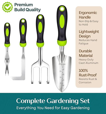 Heavy Duty Gardening Tools - Gardening Gifts for Women, Men, Mom, Dad - Durable, Ergonomic Garden Tools Set (Green with Potting Mat) - style: Standard (Potting Mat Included)