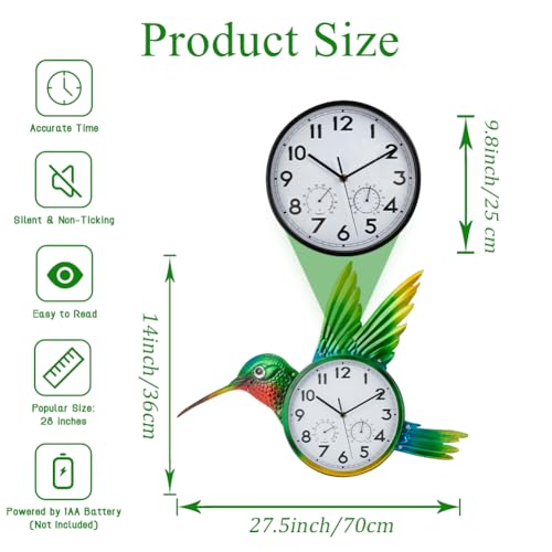 Large Outdoor Clock with Thermometer & Humidity | Silent Non-Ticking, Hummingbird Outdoor Wall Clock for Patio, Garden, Kitchen, Living Room, Green - style: Hummingbird-Green