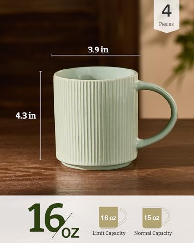 famiware Coffee Mug Set of 4, Star 16 oz Large Mugs Cup Set with Handle | Ceramic Mug for Coffee, Latte, Tea, Stackable Drinkware Set, Microwave & Dishwasher Safe, Matte Green - color: Matte Green, size: 4 Count (Pack of 1)