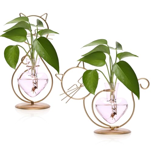 Plant Terrarium Propagation Station Gifts for Women Cat Lover | Plant Lovers Home Office Decor Cat Desk Accessories - color: Gold Pink
