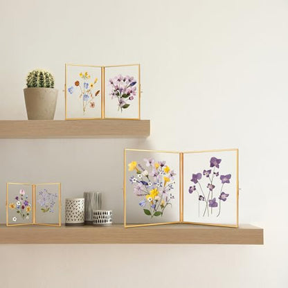 REDHUGO Glass Pressed Flower Frame Handmade, Rectangle, Gold, 4×6 Inches | Hinged Double Press Flower Frame, Tabletop Brass Photo Frames, Rectangle Dried Flowers Display Folding Frames for Home - color: Gold, size: 4L" x 6W"