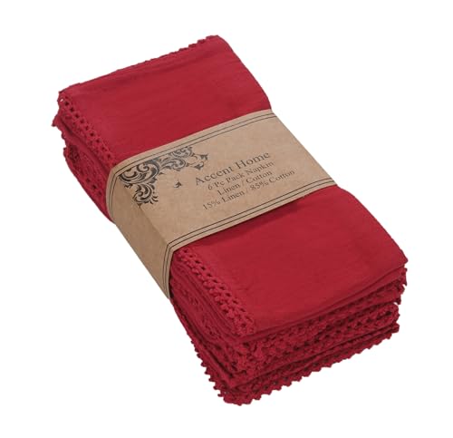 ACCENTHOME Red Set of 6 18x18 inch Cotton Linen Dinner Napkins | Cotton Linen Blend Napkins, Machine Wash On Gentle Cycle, Economy Pack, Multi Purpose Use, Cotton - color: 21 - Red - Lace, size: 18" x 18" (Set of 6)