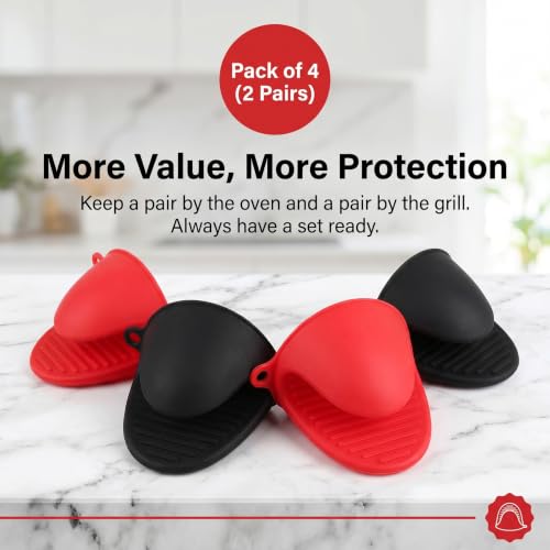 Silicone Cooking Pinch Grips Oven Mitts - Mini Finger Protector Pot Holder for Kitchen,Cooking,Baking,BBQ - Heat Resistant Gloves, 2 Pairs (Black and Red) - color: Black and Red