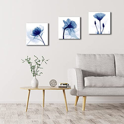 Wieco Art Blue Abstract Flowers 3 Panels Giclee Canvas Prints Wall Art Modern Pictures Artwork for Living Room Bedroom and Home Decorations - size: 12x12inchx3pcs (Unframed)