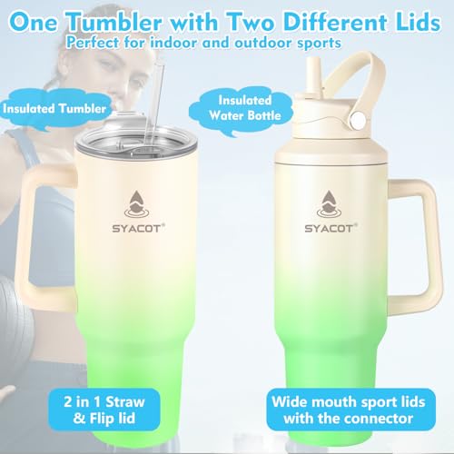40 oz Tumbler with Handle and Straw or Convert to 40 oz Insulated Water Bottle Fits in Cup Holder. Stainless Steel Metal Water Flask with 2 Lids for Travel,Camping,Gym Sports Coffee Mug Thermal Cup - color: Cream Green