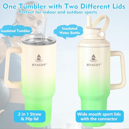 40 oz Tumbler with Handle and Straw or Convert to 40 oz Insulated Water Bottle Fits in Cup Holder. Stainless Steel Metal Water Flask with 2 Lids for Travel,Camping,Gym Sports Coffee Mug Thermal Cup - color: Cream Green