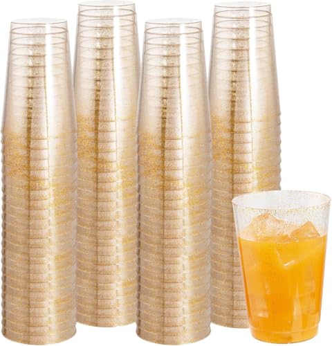 I00000 100 Pack 12 oz Gold Glitter Cups, Premium Clear Disposable Gold Cups | Gold Plastic Wine Glasses, Cocktail Glasses, Heavy Duty, Elegant Glitter Plastic Tumblers for Birthday, Wedding & Party - color: Glitter-12oz-100