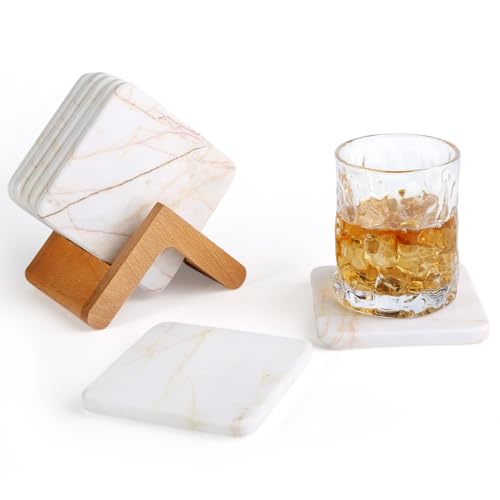 Marble Coasters Set of 5, Square Coasters with Holder for Drinks, 4" Cup Coaster for Coffee Table Home Office Bar Decor, Heat Resistant Decorative Drink Coaster (White&Gold) - color: White&gold