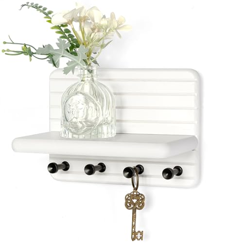 Rebee Vision Key Holder Wall Mount with 4 Hooks Shelf for Entryway, White | 7-Inch, Stylish Key Holder for Wall, Mini Floating Shelf, Compact Storage, Plant Display, Bedroom Decor, Apartment Essential - color: White, size: Small-7inch