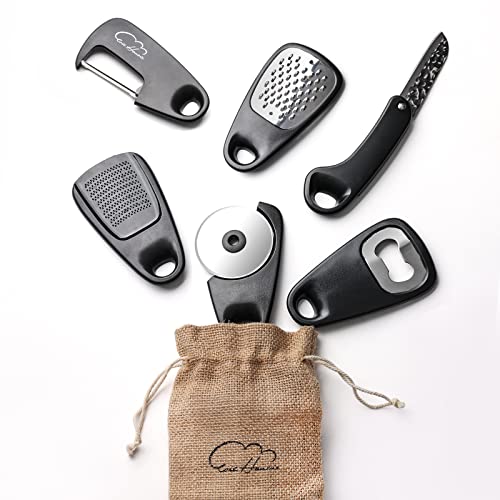 Kitchen Gadgets Set 6 Piece, Space Saving, Portable, Black | Stackable Gadgets Utensils, Grater, Bottle Opener, Pizza Cutter, Peeler, Paring Knife, Garlic Grinder, Storage Bag - color: Classical Black 6pcs