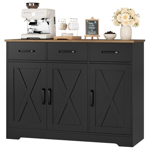 HOSTACK Kitchen Buffet Cabinet with Storage, Sideboard Coffee Bar, Black | Farmhouse Kitchen Storage Cabinet with 3 Drawers & Adjustable Shelf & Doors, 42.5"W Buffet Table for Dining Living Room - color: Black/Rustic Brown
