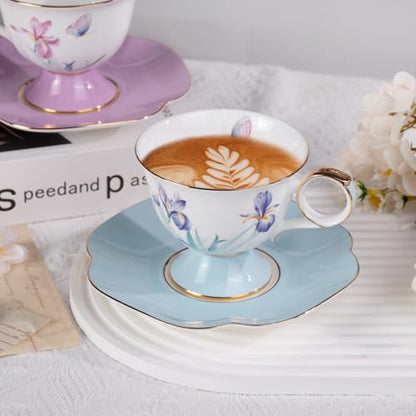 KAMMAK Ceramic Coffee Cups Saucers Set of 2, Porcelain Espresso Cups with Saucers, 8.45 oz Handcrafted Elegant Bone China Tea Cups, Iris Flower & Butterfly Pattern Teacup for Party, Office, Gift - color: Flying Summer Kite (Light Blue + Pink)