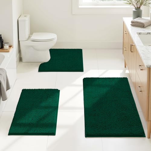 HOMEIDEAS 3 Pieces Bathroom Rugs, Ultra Soft Non Slip Absorbent Chenille Toilet Bath Mat Set (Dark Green) - color: Green-dark Green, size: 17"x24"+20"x32"+U Shape 20"x24"