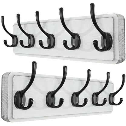 SKOLOO Rustic Wall Mounted Coat Rack, 16 inches Hole to Hole, Case of 2, Pine Solid Wood Coat Hook Hanger - 5 Hooks for Hanging Clothes Robes Towels Coats - color: White Plate & Black Hook, size: 2 Item-5 Hooks