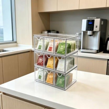 Prsildan Craft Art Supply Organizer Stackable Storage Drawer with 9 Drawers | Clear Acrylic, Tea Bag K Cup Organizer, for Kitchen Office Desk Vanity Makeup Organizer, 3 Pack - size: Stackable-9 Drawers