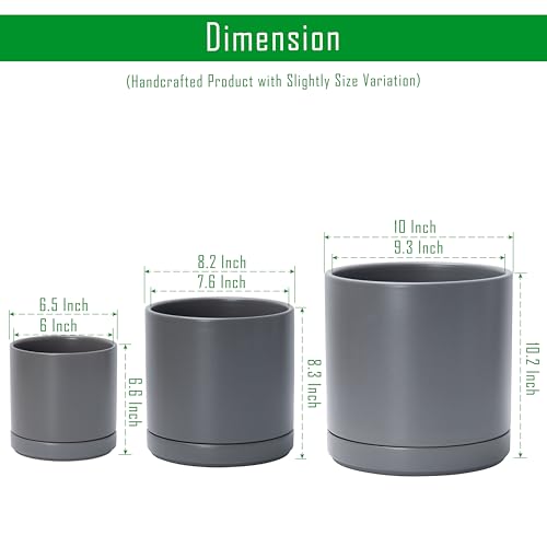 D'vine Dev 3-Pack Ceramic Pots & Saucers, 6/8/10 in, Grey, 94-T-L-3 | Glazed Ceramic, Drainage Hole, Perfect-Fit Saucer, Sleek Cylinder Shape, High Temperature Fired, Elegant Home Accent - color: Gray, size: 6"+8"+10"