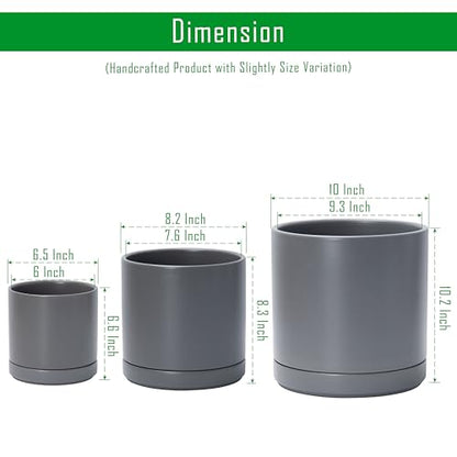 D'vine Dev 3-Pack Ceramic Pots & Saucers, 6/8/10 in, Grey, 94-T-L-3 | Glazed Ceramic, Drainage Hole, Perfect-Fit Saucer, Sleek Cylinder Shape, High Temperature Fired, Elegant Home Accent - color: Gray, size: 6"+8"+10"