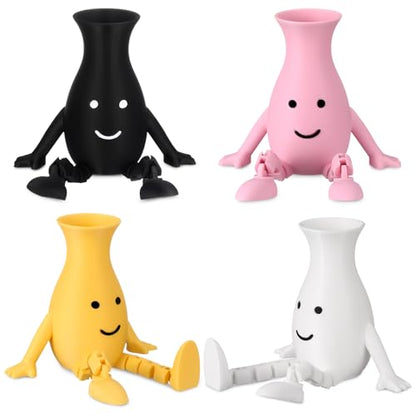 Honoson 4 Pcs 3D Printed Smile Face Planter Pot, Cute Plant Pots for Indoor Outdoor, Unique Sitting Pot with Movable Leg, Funny Flower Pots Gifts for Mother and Appreciation Christmas