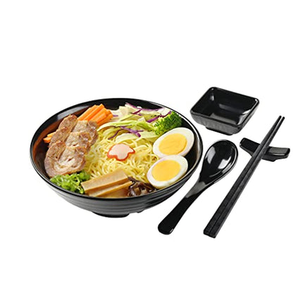 Unbreakable Ramen Bowl Set with Chopsticks and Spoon: 2 large Japanese Style Melamine Ramen Bowls, Dipping Bowls and Chopstick Stands for Asian Pho Soup Thai Miso Udon Wonton (2 Bowl Set, Black) - color: Black, size: 2 Bowl Set
