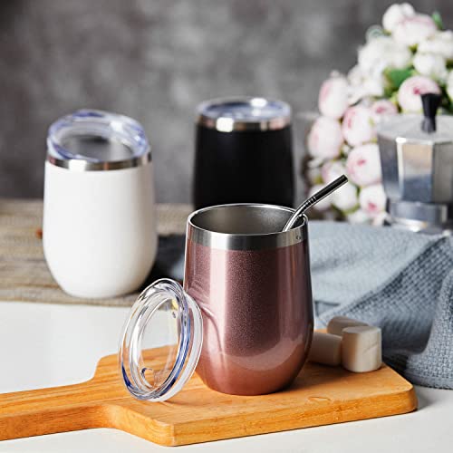 COMOOO Stainless Steel Wine Tumbler with Lid and Straw 12oz Double Wall Vacuum Insulated Travel Tumbler Cup for Coffee, Wine, Cocktails, Champagne (Black White Silver and Rose Gold,8 Pack) - color: Black-White-Silver-Rose Gold