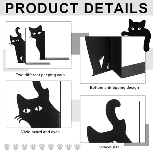 Black Cat Bookends Set of 2 Metal Book Ends for Shelves | Black Metal Cat Bookends, 6 x 4 x 1.2 Inch, for Bookshelves, Desks, Offices and Gifts for Cat Lovers and Reading Enthusiasts - style: Lovely Cat