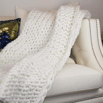 Chunky Knit Blanket (50 x 60 Inches) Warm Soft Cozy for Lounge Sofa & Bedroom, Handmade Knitted Yarn Throw Blanket (White, 1) - color: White