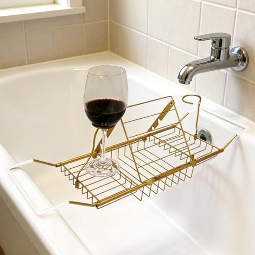 Bathtub Caddy Tray, Expandable Bath Tub Table with Removable Book Holder Red Wine Rack Holder, for Home Kitchen Bathroom,Gold - color: Gold