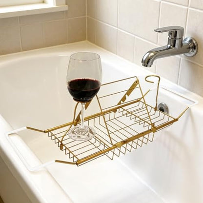 Bathtub Caddy Tray, Expandable Bath Tub Table with Removable Book Holder Red Wine Rack Holder, for Home Kitchen Bathroom,Gold - color: Gold