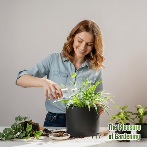 10/9/8 Inch Plant Pots 3 Pack, with Drainage Hole & Saucers | Cylindrical plastic planters with drainage holes & saucers. Modern matte finish, lightweight & durable for indoor/outdoor use - color: Matte Black