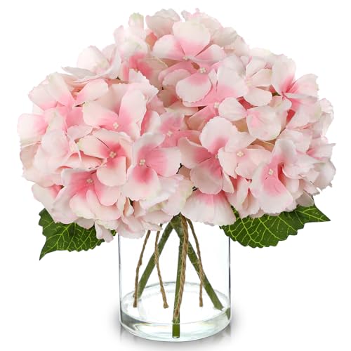 Hydrangea Artificial Flowers with Glass Vase, Pink Real Touch Silk Hydrangea Arrangement with Faux Water, Small Faux Floral Centerpiece for Home Decor, Wedding, Bathroom, Shelf, Coffee Table - color: Pink-hydrangea