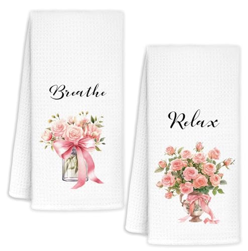 Pink Spring Rose Floral Hand Towels Set of 2, Floral Bathroom Decor, Pink Flower Spring Decorative Hand Towels for Girls Bathroom Washroom, Rustic Flower Kitchen Towels, 16x24 Inch - color: Pink