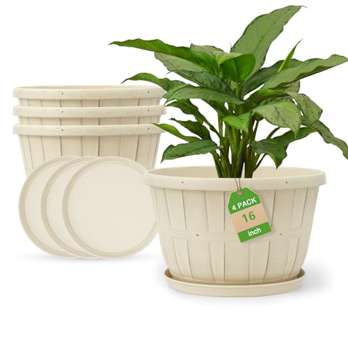 Quarut Plant Planters Pots Set of 4 Pack 16 Inch，Large Plastic Flower Pot | Plant Pots for Indoor Outdoor Plants with Drainage Holes & Trays, Whiskey Barrel Planters for House Garden Plant(Brown) - color: Beige, size: 16 inch-4 pack