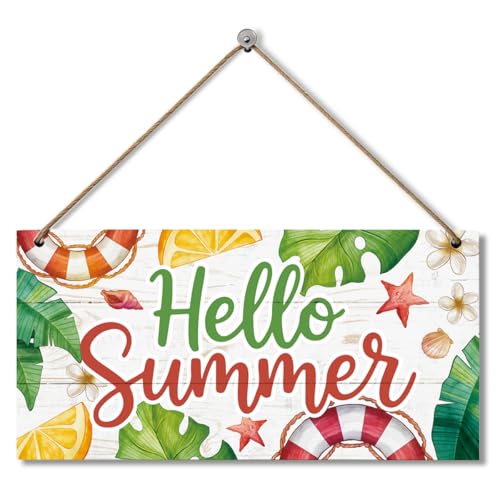 Hello Summer Hanging Wooden Sign, Summer Sign Decor, Printed Wood Wall Art Signs, Tropical Leaves Citrus Fruits, Perfect for Poolside, Porch, Front Door Patio Faemhouse Decor - color: Style 03