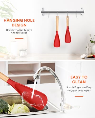 Multifunction Spoon for Nonstick Cookwares, Great for Cooking and Serving, Sturdy BPA-Free Matte Silicone, Wood Handle spoonula for Mixing, Scoop, and Scrape, Red(2 pack,11.4" & 13.4") - color: Red