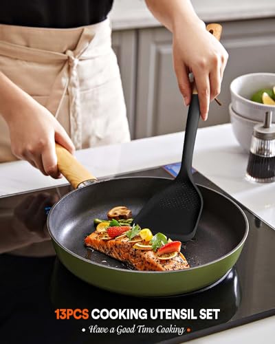 Kitchen Utensils Set, 13PCS Silicone Cooking Utensils, Heat Resistant Kitchen Utensil Spatula Set for Nonstick Cookware, Wooden Handles Kitchen Gadgets Tools Set - color: Black