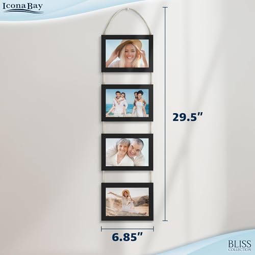 4x6 Wall Hanging Picture Frames Collage with 4 Openings - Basic Black - Casual Style Engineered Wood Frames - Wall Mount Only - Bliss Collection - color: Basic Black, size: 4x6