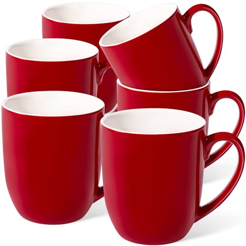 Large Ceramic Coffee Mugs Set of 6 16oz(475ml) Tea Cups Idea Gifts Red | Microwave & Dishwasher Safe Sturdy Resistance to Staining Comfortable Handle Cups for Latte Hot Tea Cappuccino Mocha Cocoa - color: Red