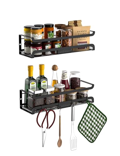 Spice Rack Wall Mount with Hooks - Spice Racks Organizer for Cabinet Storage, Wall Mounted Hanging Shelf Seasoning Organizer, for Kitchen, Pantry Door, Bathroom (Black, 2 Pack) - color: Black, size: 2 Pack