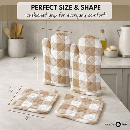 Native Fab Buffalo Plaid Check Oven Mitts and Pot Holders Set of 4, 100% Cotton Heat Resistant Kitchen Gloves, 2 Oven Mitts (7x13), 2 Pot Holders (8x8) for Cooking & Baking, Beige White - color: Buffalo, Beige