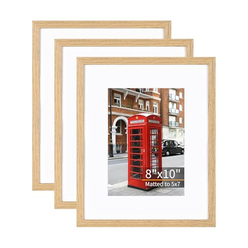 ATOBART 8x10 Picture Frame Set of 3, Light Wood, Plexiglass | Fits 5x7 with Mat or 8x10 without; Mounts Horizontal or Vertical; Clear Plexiglass; Light Wood Grain - color: Light Wood, size: 8x10