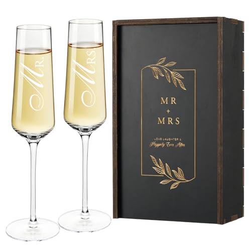 AW BRIDAL Mr Mrs Gifts Wedding Champagne Flutes, Engagement Gift for Couple | Bride and Groom Champagne Glasses, Bridal Shower Gifts for Bride to Be, Newlyweds, Wedding Glasses with Wood Keepsake Box - color: Mr & Mrs（Black）, size: Set of 2（Wooden box）