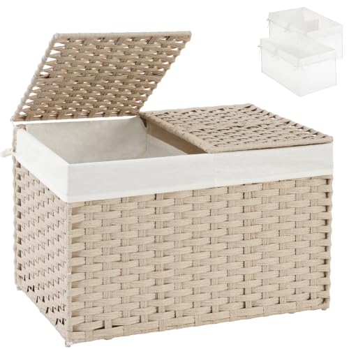 SETVSON Storage Basket with Lid 105L PE Rattan Storage Bin Light Khaki | 2 Removable Liners for Clothes & Blankets, 105L Storage Bin with 2 Separate Lids,Sturdy Metal Frame, PE Rattan - color: Light Khaki, size: 105L-25.2L*15.4W*16.1H